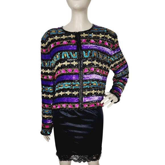 Vintage 80s Tate Mate 100% Silk Beaded Sequined Mixed Media Party Jacket India - Picture 6 of 12